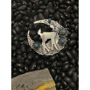 Native Sw Sterling Silver Turquoise Crescent Moon Pendant Deer Story Teller